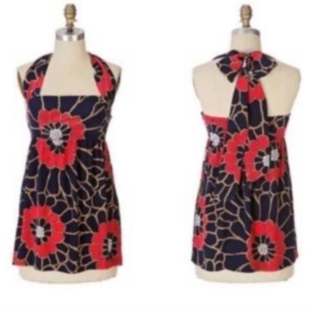 TABITHA ANTHROPOLOGIE Women’s CLOUD & CLEAR Blue Pink Floral Silk Halter Top